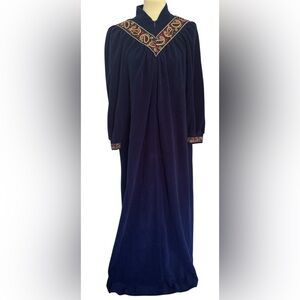 Vintage Vanity Fair Navy Blue Tapestry Detail Pockets Zip House Robe Size Medium